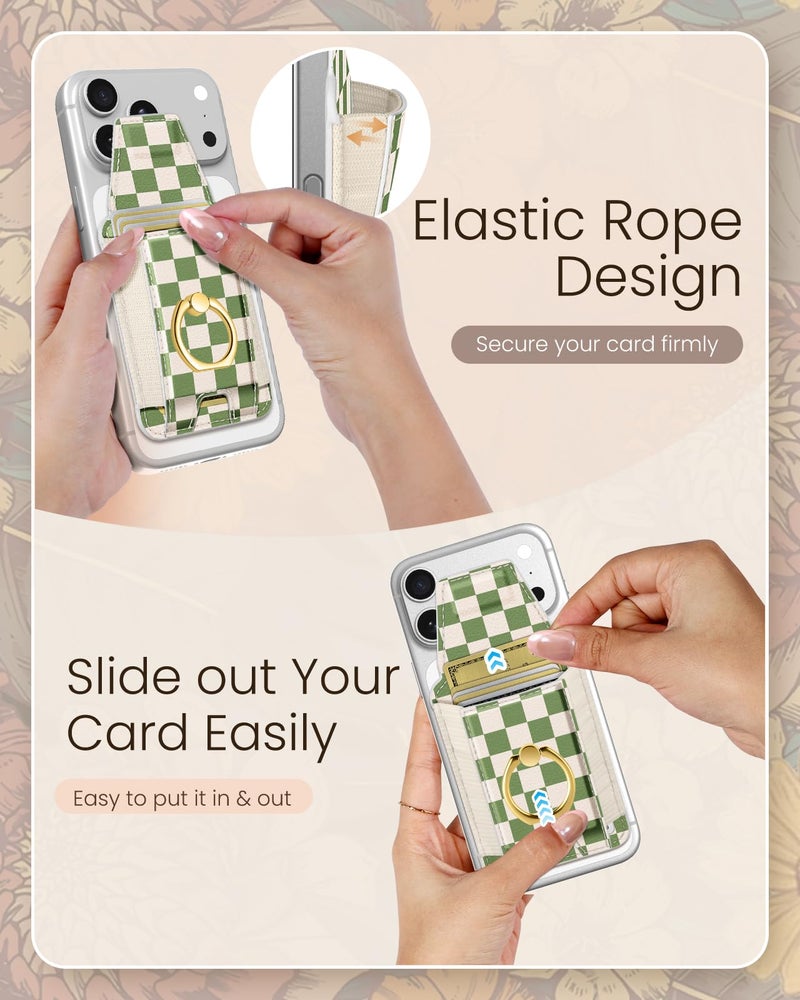 Shorogyt Compatible with Magsafe Wallet with Ring Grip Magnetic Card Holder - Cute Phone Wallets with Stand for iPhone 17/16/15/14/13/12 Series for Women Girls Green Grid Design, Fit 7 Cards - Image 4