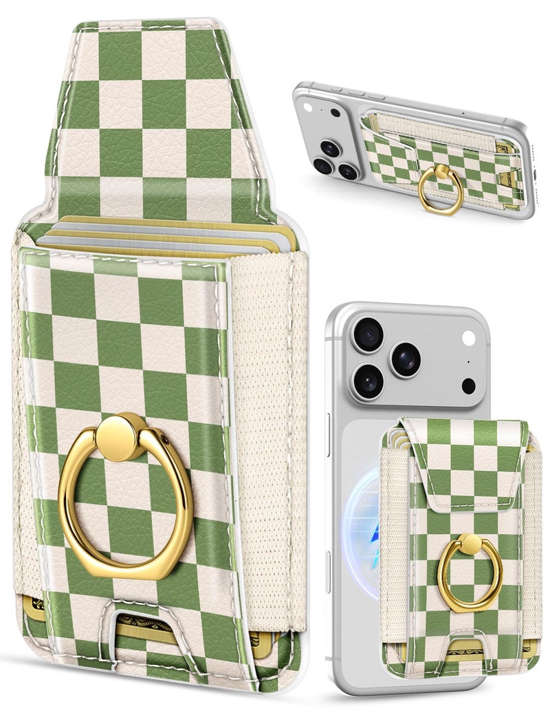 Shorogyt Compatible with Magsafe Wallet with Ring Grip Magnetic Card Holder - Cute Phone Wallets with Stand for iPhone 17/16/15/14/13/12 Series for Women Girls Green Grid Design, Fit 7 Cards - Image 1