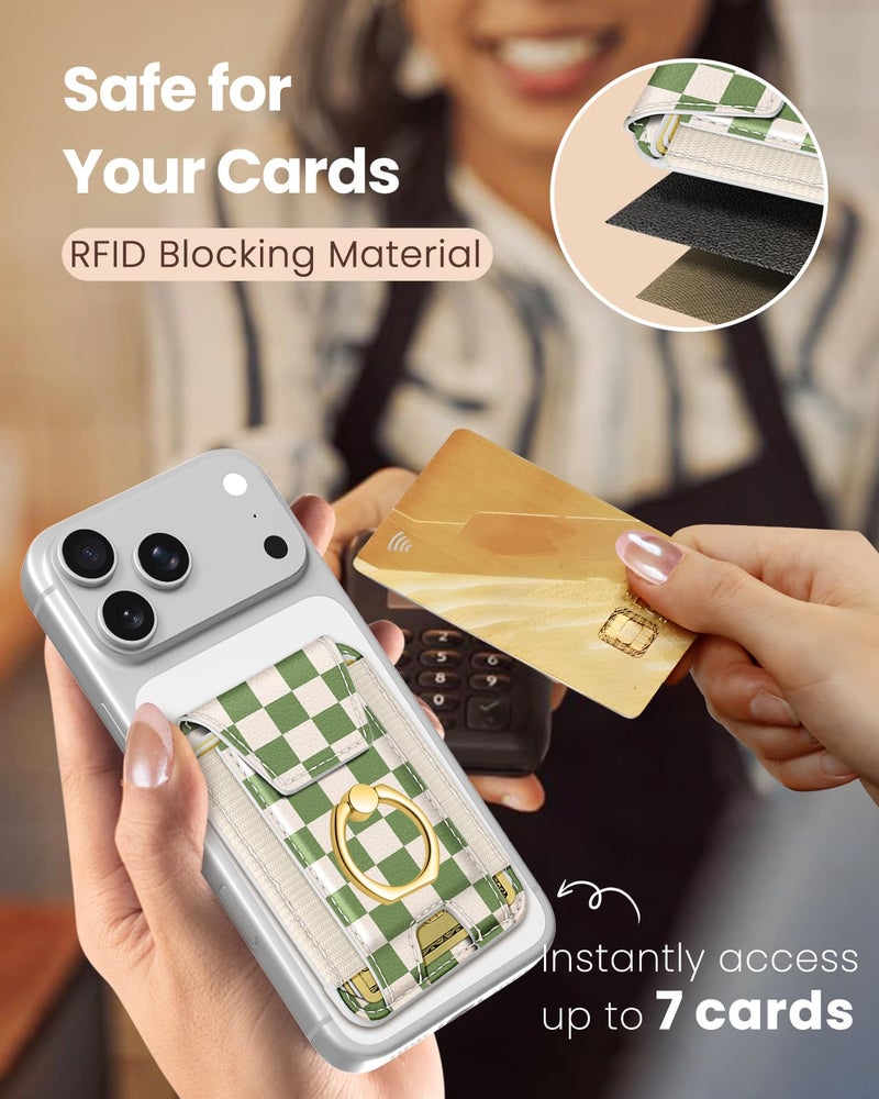 Shorogyt Compatible with Magsafe Wallet with Ring Grip Magnetic Card Holder - Cute Phone Wallets with Stand for iPhone 17/16/15/14/13/12 Series for Women Girls Green Grid Design, Fit 7 Cards - Image 5