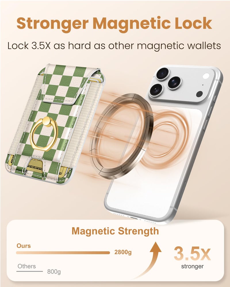 Shorogyt Compatible with Magsafe Wallet with Ring Grip Magnetic Card Holder - Cute Phone Wallets with Stand for iPhone 17/16/15/14/13/12 Series for Women Girls Green Grid Design, Fit 7 Cards - Image 3