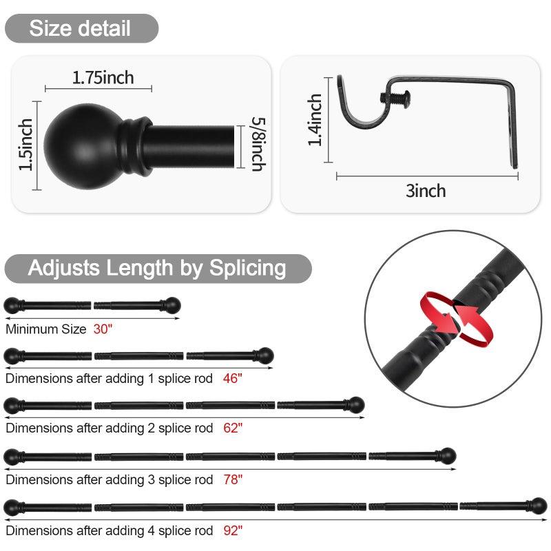 Thestoa 2 pack Black Curtain Rods for Windows 48 to 92 inch, Adjusts Length by Splicing, 5/8" Diameter Matte Black Small Curtain Rods for Bedroom, Living Room, Kitchen, Outdoor, Farmhouse - Image 3