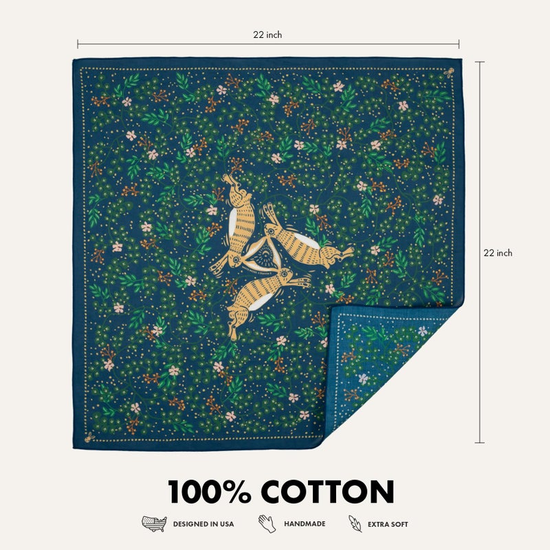 WHTE MOSS Bandana â€“ Classic Three Hares Design, 100% Cotton Boho Floral Handkerchief Hair Scarf, Perfect Thanksgiving & Christmas Gift (Forest blue) - Image 3