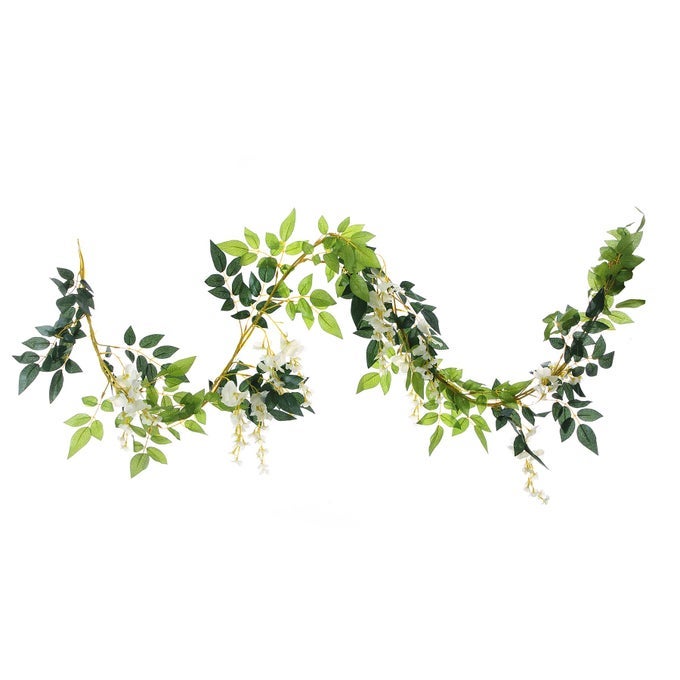 2PCS 66FT ARTIFICIAL FLOWERS VINES SILK WISTERIA ARTIFICIAL GARLANDS FAKE HANGING GREEN LEAF FLOWER IVY VINES FOR HOME GARDEN WEDDING ARCH DECOR WHITE
