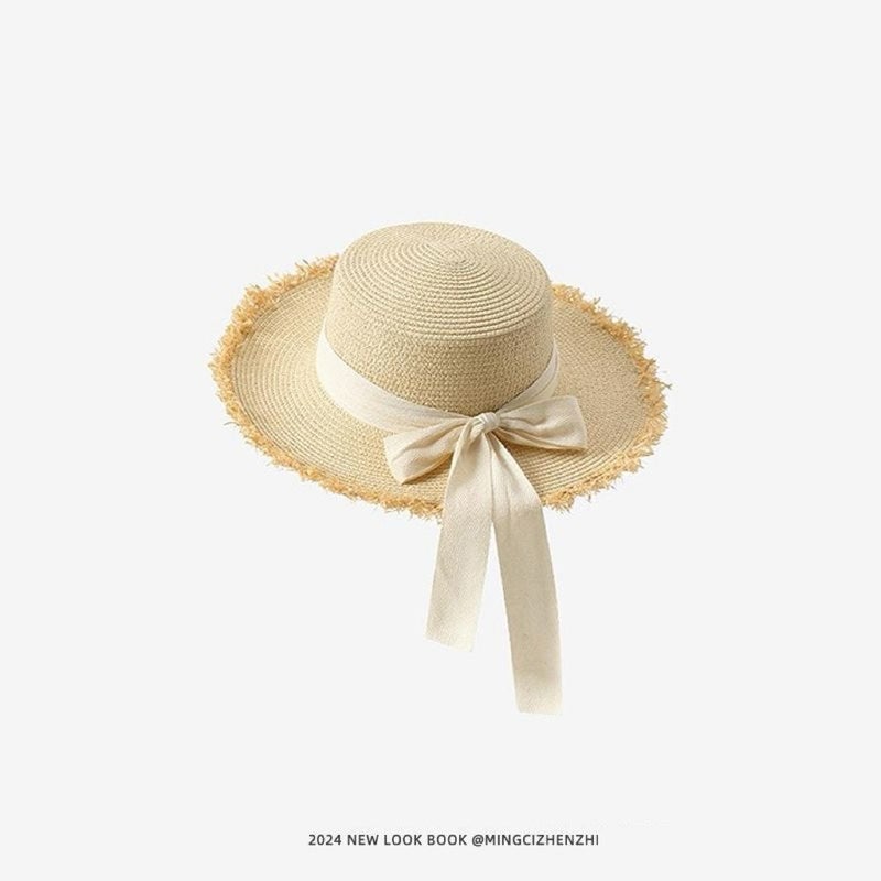 New French Flat Top Hat for Women - Large Size Beach Holiday Sun Hat with Wide Brim