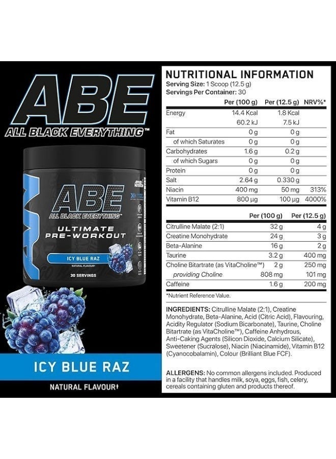 أبلايد نيوتريشن مسحوق ABE المتطور لما قبل التمرين بنكهة التوت الأزرق المثلج (Icy Blue Raz) - وزن 375 جم | 30 حصة | 3 جم كرياتين و3 جم سيترولين لكل حصة | فيتامين B3 | تركيبة مخصصة لما قبل التمرين | سهل الخلط - Image 2