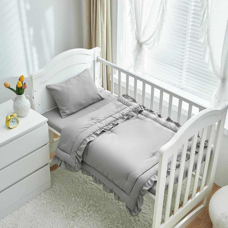 Uozzi Bedding 3 Pieces Crib Bedding Set Baby Ruffle Quilted Comforter with Fitted Sheet and Pillowcase - Cute Ruffled Shabby Chic Bedding Soft Blanket Design Gray - Image 2