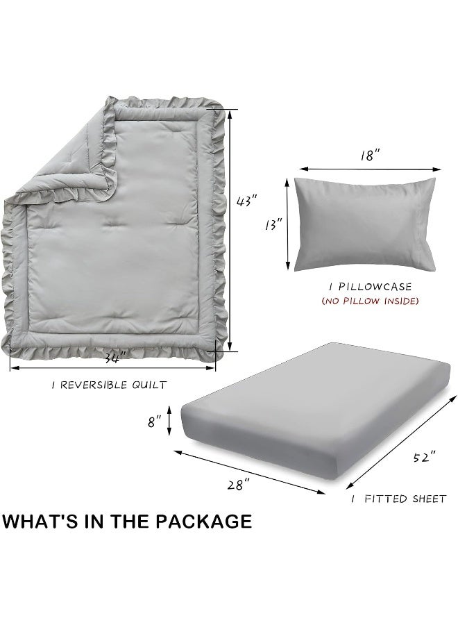 Uozzi Bedding 3 Pieces Crib Bedding Set Baby Ruffle Quilted Comforter with Fitted Sheet and Pillowcase - Cute Ruffled Shabby Chic Bedding Soft Blanket Design Gray - Image 4