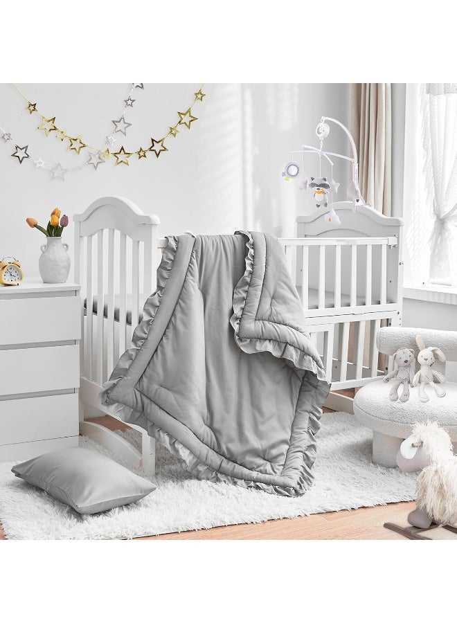 Uozzi Bedding 3 Pieces Crib Bedding Set Baby Ruffle Quilted Comforter with Fitted Sheet and Pillowcase - Cute Ruffled Shabby Chic Bedding Soft Blanket Design Gray - Image 1
