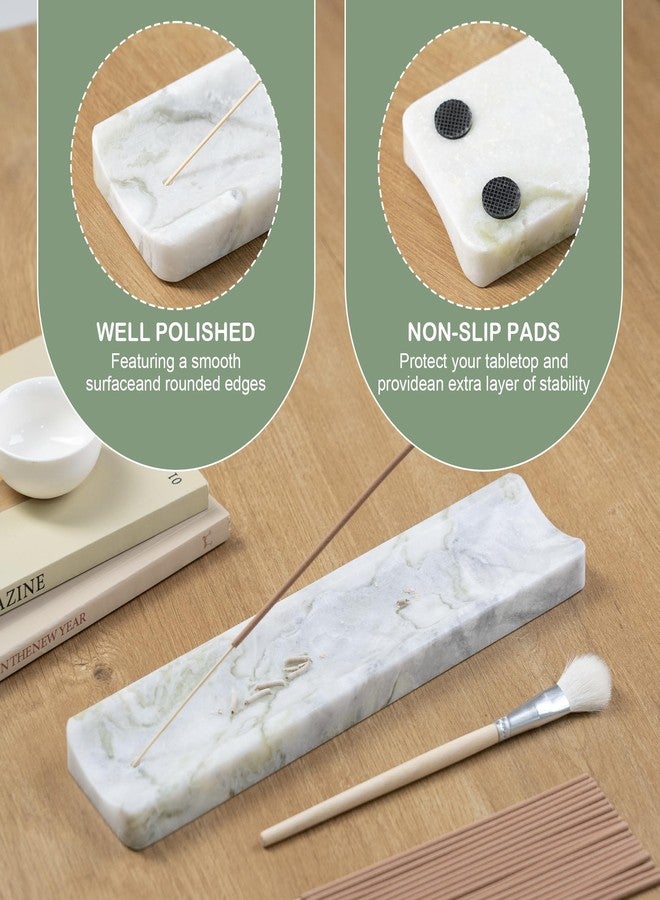 RGBDOT Marble Incense Holder Burner-Natural Stone Stick Incense Tray with Ash Catcher，20 Sticks & Brush - Elegant Decor for Meditation, Yoga, Home,Gift(White Green) - Image 4