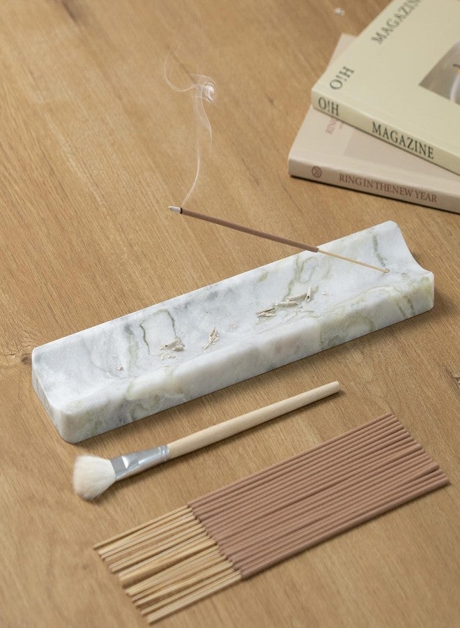 RGBDOT Marble Incense Holder Burner-Natural Stone Stick Incense Tray with Ash Catcher，20 Sticks & Brush - Elegant Decor for Meditation, Yoga, Home,Gift(White Green) - Image 2