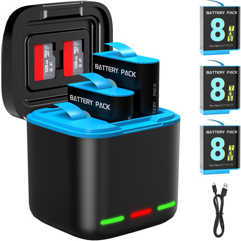 yeewanke Battery Charger for Hero 8/7/6 Battery 3-Pack 1500mAh and USB Storage 3-Channel Fast Charger Fully Compatible with GoPro Hero 8, Hero 7, Hero 6 Black Official with Micro SD Card Slot - Image 1