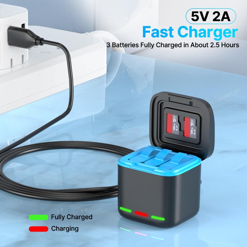 yeewanke Battery Charger for Hero 8/7/6 Battery 3-Pack 1500mAh and USB Storage 3-Channel Fast Charger Fully Compatible with GoPro Hero 8, Hero 7, Hero 6 Black Official with Micro SD Card Slot - Image 3