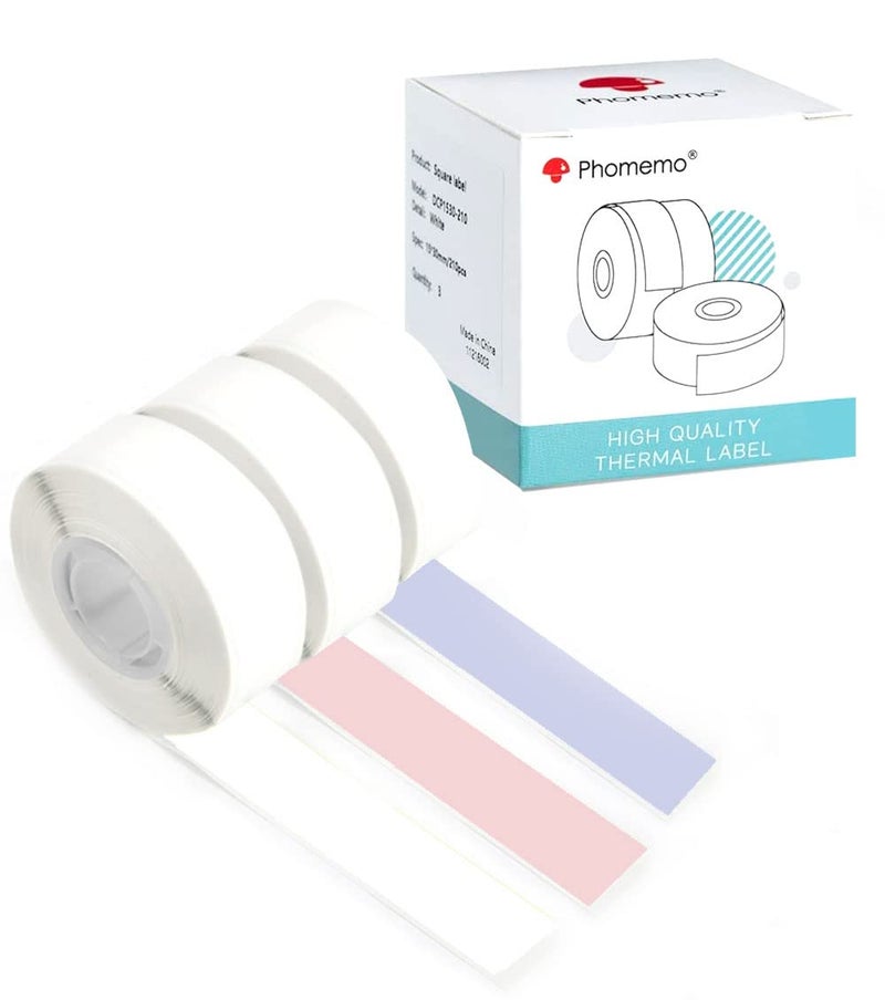 Phomemo Q31 Q32 Q30S Q30 Label Maker Tape, Black on Lavender, White, Pink Sticker Thermal Paper Self-Adhesive Label Tape, 15mm x 6m (1/2"x2361/8") Continuous Paper, 3 Roll - Image 1