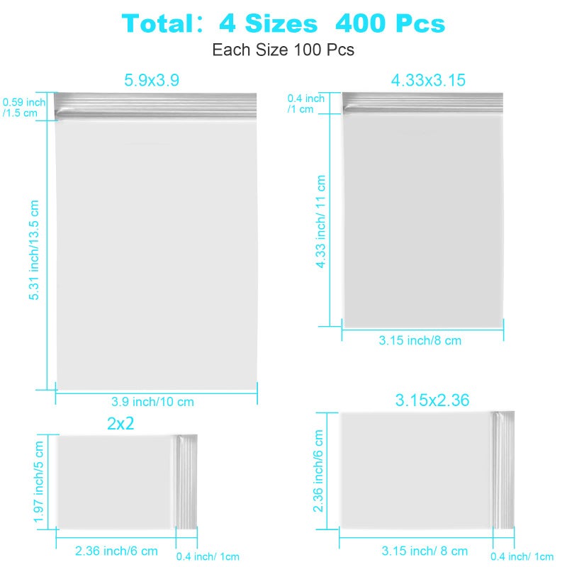 VOPTON 400 Pcs Small Plastic Bags, Resealable Clear Jewelry Bags, Small Baggies, Poly Reclosable Mini Bag, 4 Assorted Sizes 6x3.9 4.7x3.1 3.5x2.3 2.7x2IN, 2 Mil Zipper Bag for Jewelry Pill Packaging VOPTON - Image 2