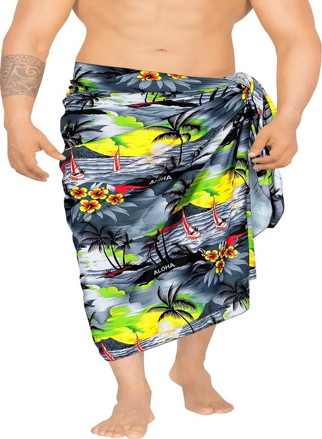 LA LEELA Men's Sarong Hawaiian Bath Wrap Pareo One Size Grey Palm Tree - Image 1