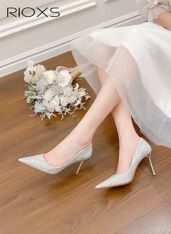 RIOXS Women's Stiletto Heel Pointed Toe Pumps, 7cm Closed Toe Silver Sparkly Slip on Wedding Dress Shoes, Elegant Comfortable Dressy Wedding Pump Shoes for Party Homecoming Prom - Image 2