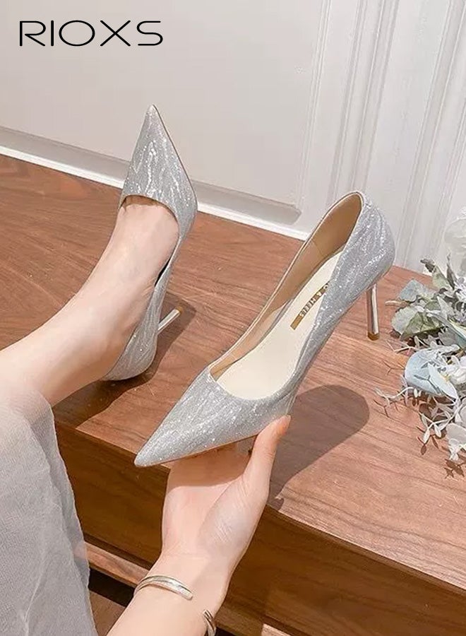RIOXS Women's Stiletto Heel Pointed Toe Pumps, 7cm Closed Toe Silver Sparkly Slip on Wedding Dress Shoes, Elegant Comfortable Dressy Wedding Pump Shoes for Party Homecoming Prom - Image 3
