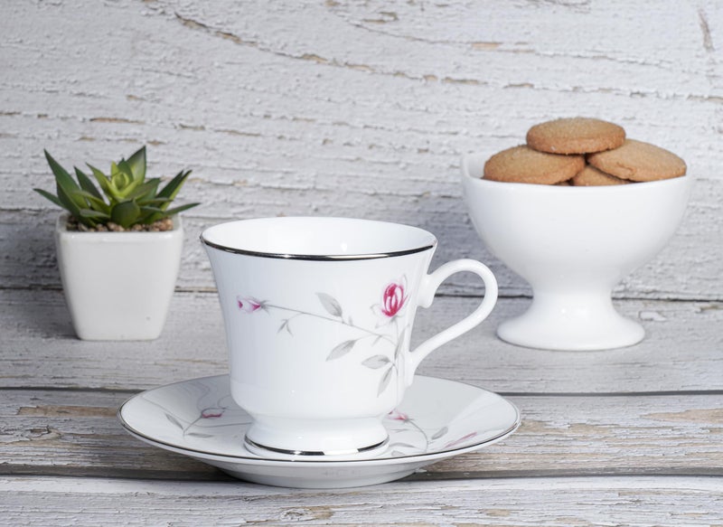 DANKOTUWA, world-class tableware Dankotuwa Fine Porcelain Service for 6 Platinum Craft Tea/Coffee Cup and Saucer Set | Vegan, Scratch Resistant and Light Weight | Gift for Anniversary Housewarming12 Pieces 210 ml (Lasting Rose) - Image 4