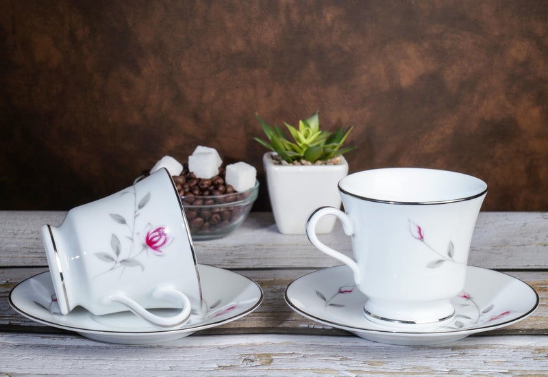 DANKOTUWA, world-class tableware Dankotuwa Fine Porcelain Service for 6 Platinum Craft Tea/Coffee Cup and Saucer Set | Vegan, Scratch Resistant and Light Weight | Gift for Anniversary Housewarming12 Pieces 210 ml (Lasting Rose) - Image 3