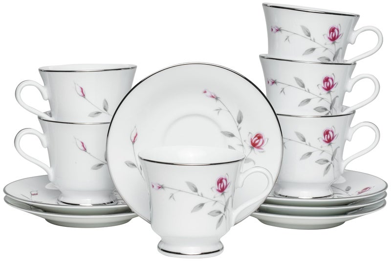 DANKOTUWA, world-class tableware Dankotuwa Fine Porcelain Service for 6 Platinum Craft Tea/Coffee Cup and Saucer Set | Vegan, Scratch Resistant and Light Weight | Gift for Anniversary Housewarming12 Pieces 210 ml (Lasting Rose) - Image 1