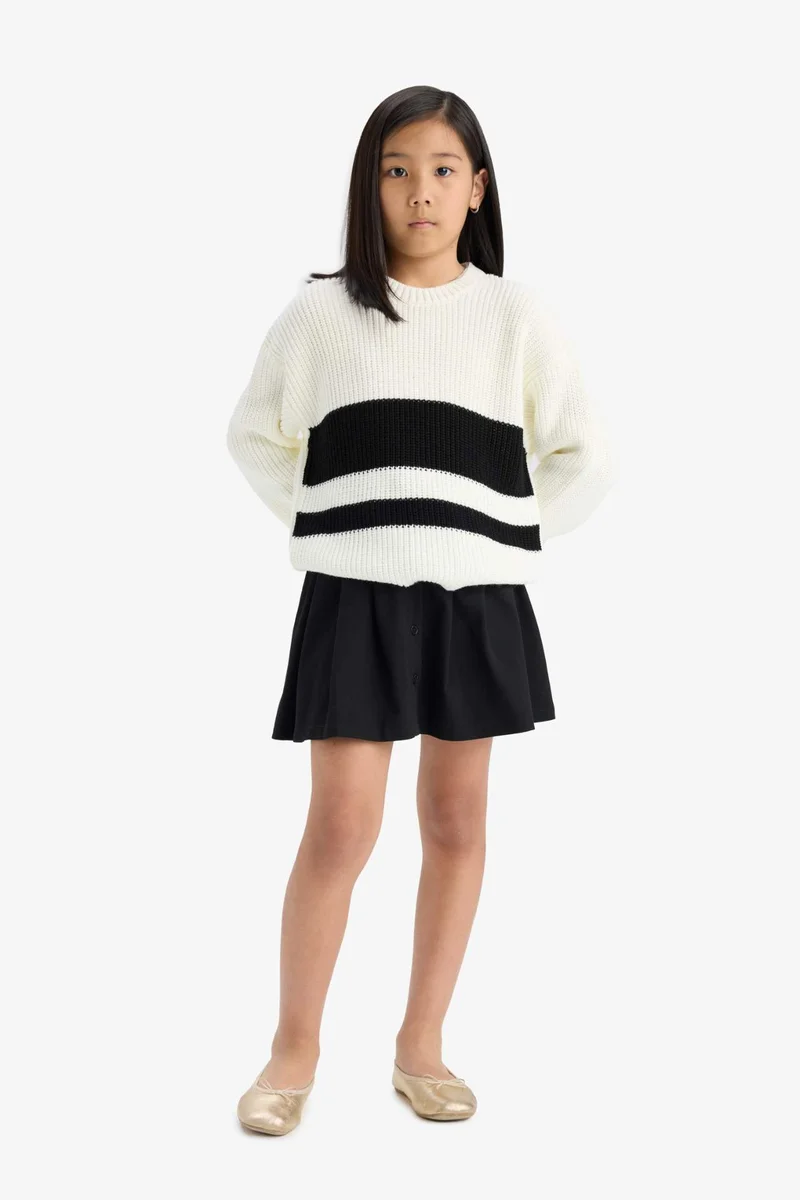 Defacto Girl Standard Fit Crew Neck Striped Knit Pullover