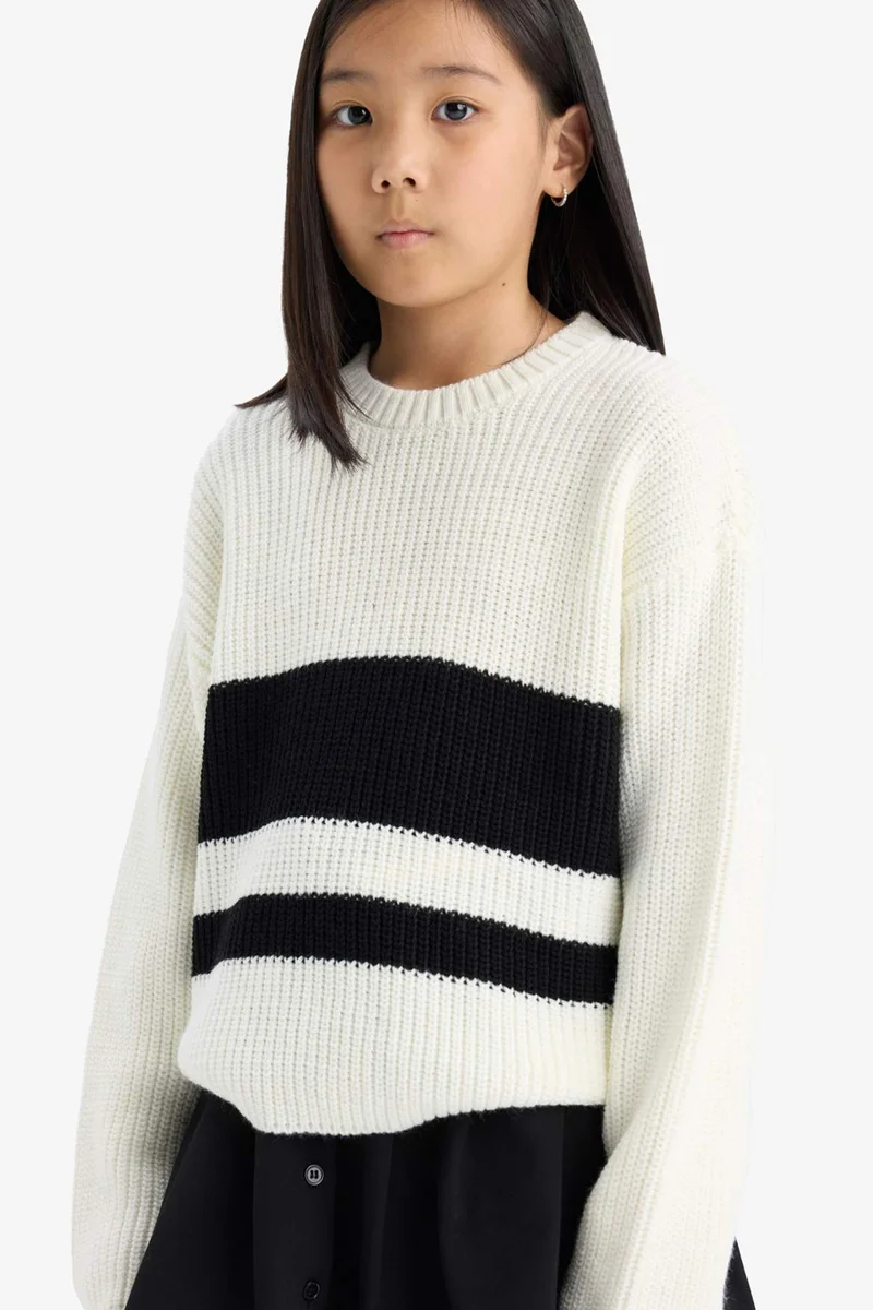 Defacto Girl Standard Fit Crew Neck Striped Knit Pullover