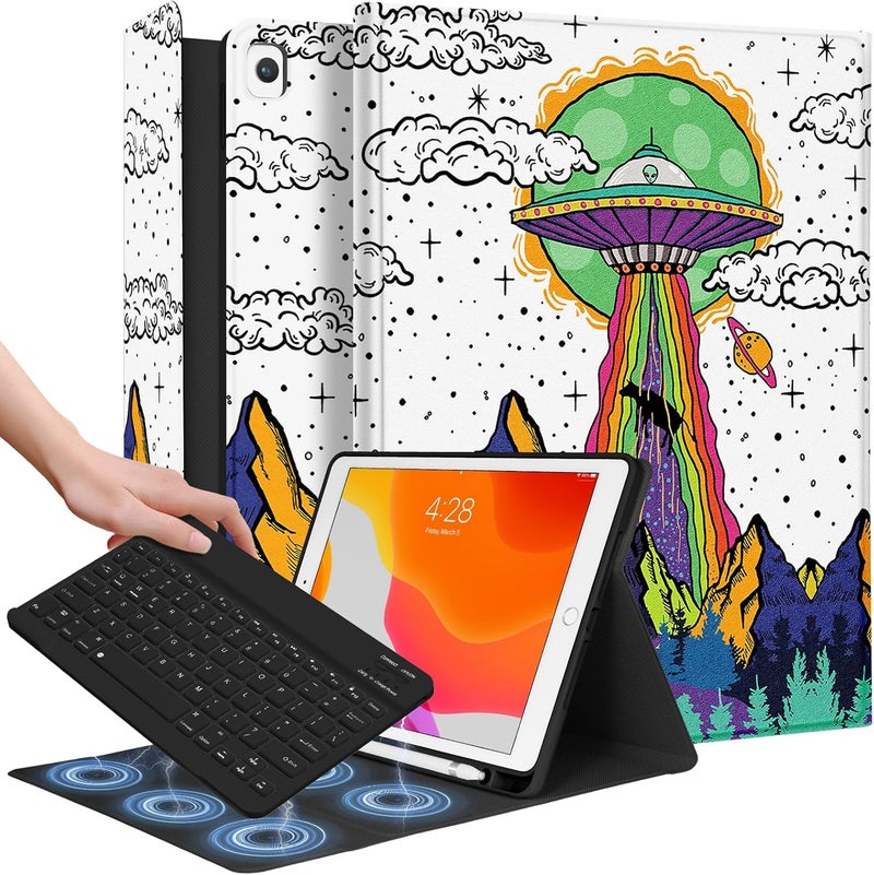 Wazzasoft for iPad 9th/8th/7th/Air 3rd Generation/Pro 10.5 Inch Case Keyboard Pencil Holder Folio Tablet Cover Men Boys Cute Teen Cool Fun Funny Alien Unique Design for Apple 10.2 & 10.5 Inch - Image 1