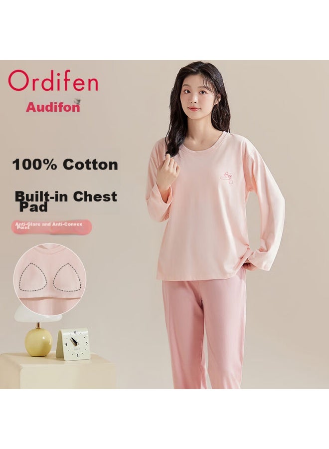 Ordifen Ordifen [with Chest Pads, Antibacterial Pure Cotton] Women's Pajamas, Long Sleeves, Wearable Outside, Home Loungewear Set, Pink, Size L  - Image 1