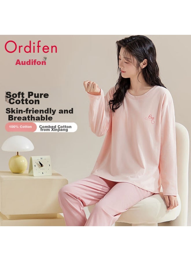 Ordifen Ordifen [with Chest Pads, Antibacterial Pure Cotton] Women's Pajamas, Long Sleeves, Wearable Outside, Home Loungewear Set, Pink, Size L  - Image 2