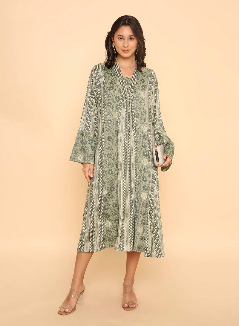 HANA & SARA Women's Sage Green Floral & Geometric Print Jalabiya Dress - Image 1