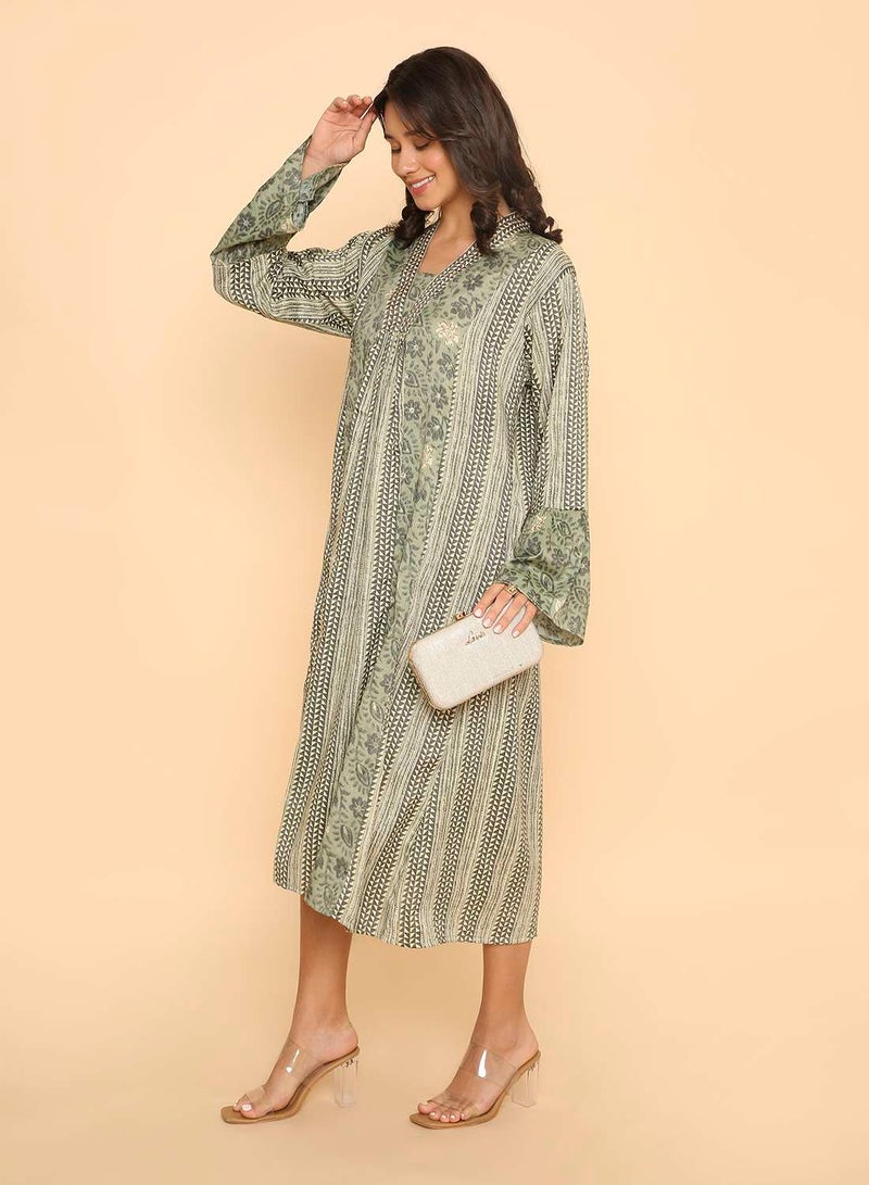 HANA & SARA Women's Sage Green Floral & Geometric Print Jalabiya Dress - Image 5