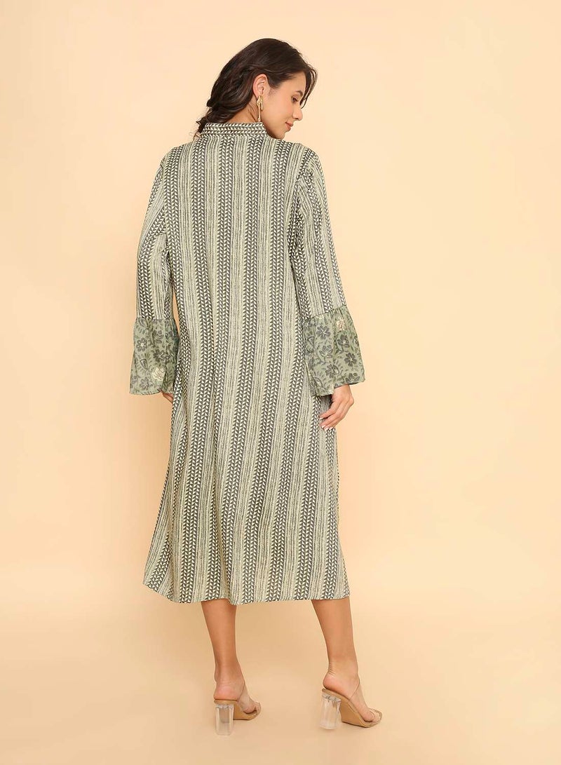 HANA & SARA Women's Sage Green Floral & Geometric Print Jalabiya Dress - Image 2