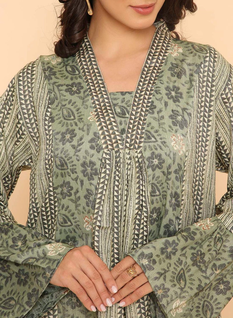 HANA & SARA Women's Sage Green Floral & Geometric Print Jalabiya Dress - Image 3