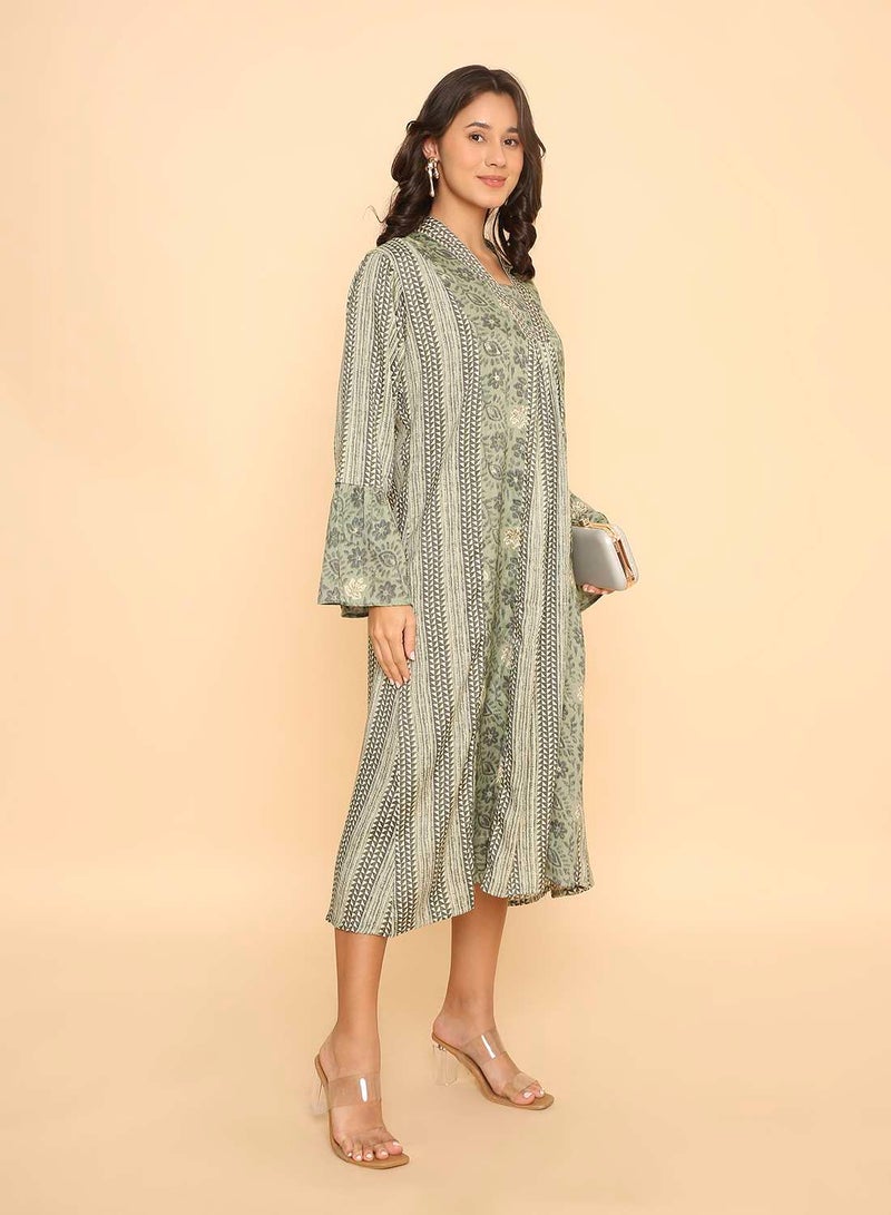 HANA & SARA Women's Sage Green Floral & Geometric Print Jalabiya Dress - Image 4