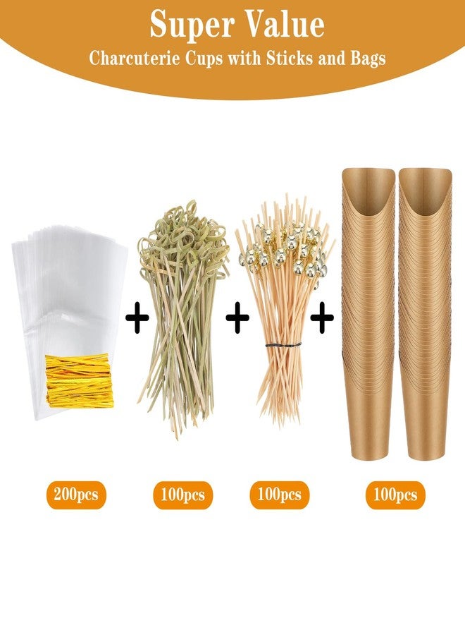 Xaajooio 100 Pcs Disposable Charcuterie Cups Sets, Paper Snack Boxes with 200 Cocktail Picks 100 Bags and Ties, Individual Appetizer French Fry Holders for Party Supplies, Brown - Image 3