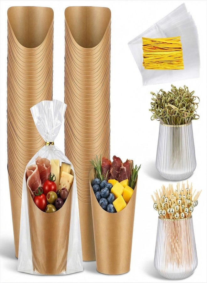 Xaajooio 100 Pcs Disposable Charcuterie Cups Sets, Paper Snack Boxes with 200 Cocktail Picks 100 Bags and Ties, Individual Appetizer French Fry Holders for Party Supplies, Brown - Image 1