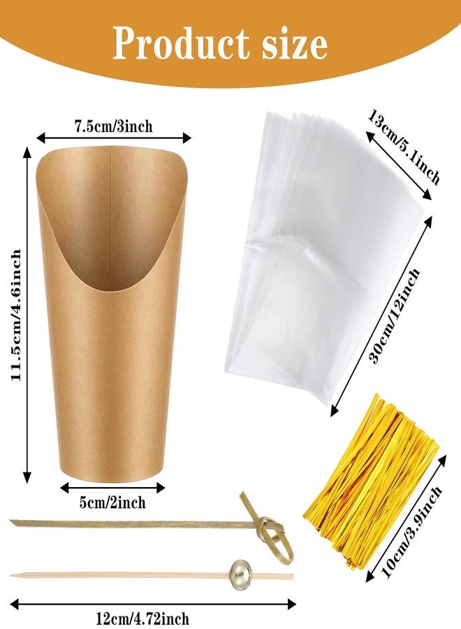 Xaajooio 100 Pcs Disposable Charcuterie Cups Sets, Paper Snack Boxes with 200 Cocktail Picks 100 Bags and Ties, Individual Appetizer French Fry Holders for Party Supplies, Brown - Image 2