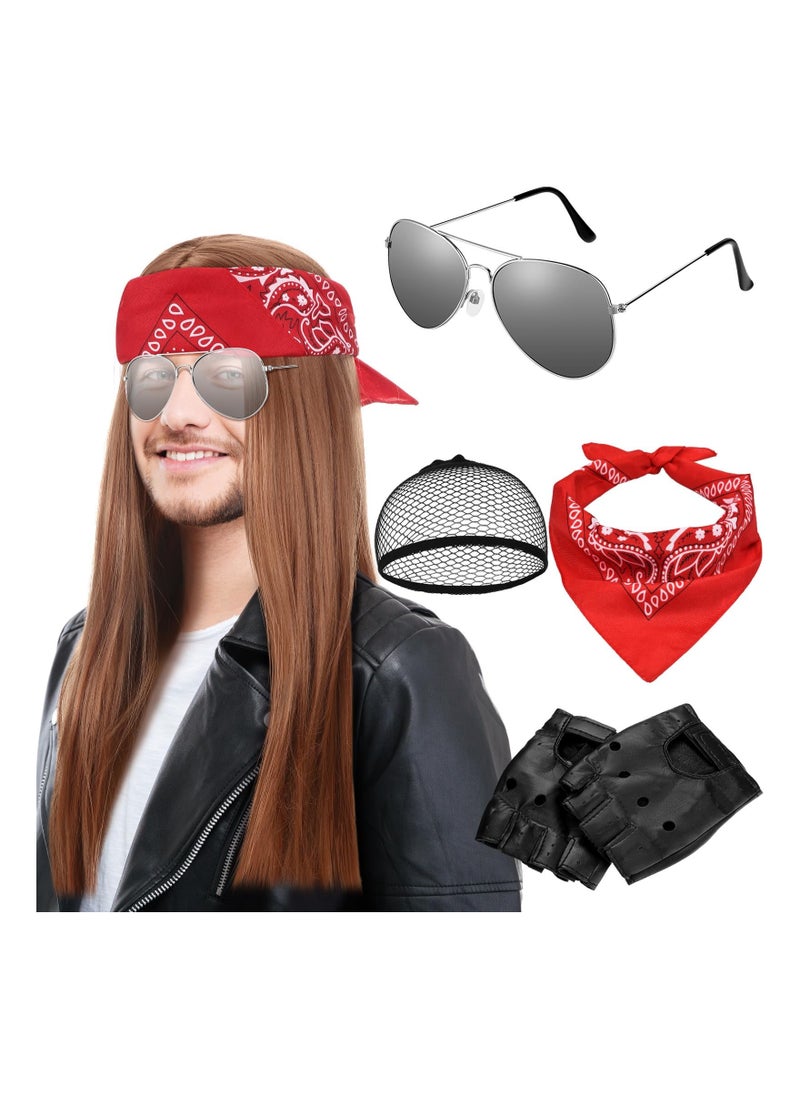 Generic - 90s Rocker Costume Set Rock Costume Includes Wig, Gloves, Wig cap, Sunglasses and Bandanas for Halloween Men Women Cosplay Accessories - Image 1