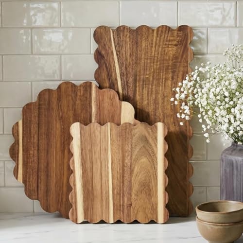 Entrirolly 3 Pcs Acacia Wood Scalloped Cutting Boards Set, Decorative Cutting Boards Wooden Charcuterie Board for Grandmillenial Cottage Core Decor Kitchen Cheese Meat Fruit Bread Chopping Blocks - Image 1