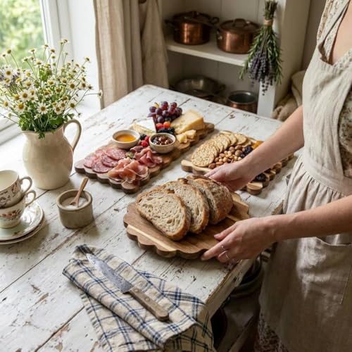 Entrirolly 3 Pcs Acacia Wood Scalloped Cutting Boards Set, Decorative Cutting Boards Wooden Charcuterie Board for Grandmillenial Cottage Core Decor Kitchen Cheese Meat Fruit Bread Chopping Blocks - Image 5