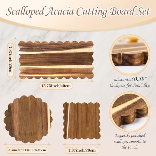 Entrirolly 3 Pcs Acacia Wood Scalloped Cutting Boards Set, Decorative Cutting Boards Wooden Charcuterie Board for Grandmillenial Cottage Core Decor Kitchen Cheese Meat Fruit Bread Chopping Blocks - Image 2