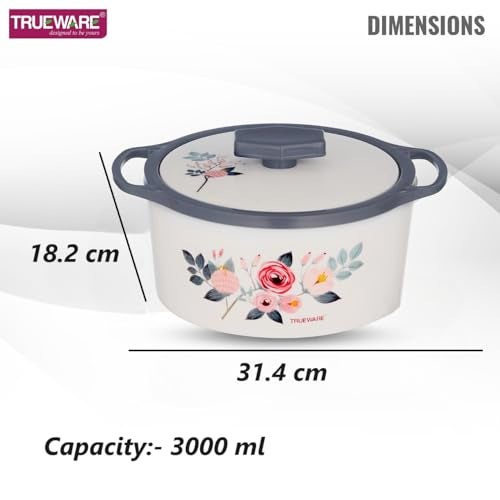 Trueware Floraa Casserole | Grey | 3000 ML | Thermoware Casserole | BPA Free | Inner Steel Outer Plastic | PU Insulated | BPA Free | Food Grade | Ideal for Chapatti | Roti | Curd Maker | Hot Pot - Image 2