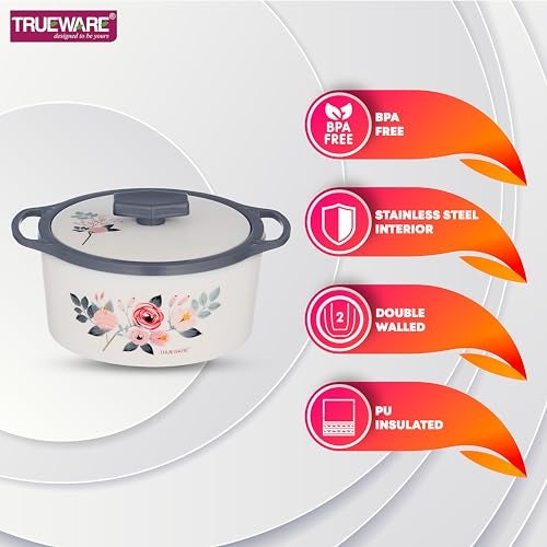 Trueware Floraa Casserole | Grey | 3000 ML | Thermoware Casserole | BPA Free | Inner Steel Outer Plastic | PU Insulated | BPA Free | Food Grade | Ideal for Chapatti | Roti | Curd Maker | Hot Pot - Image 3