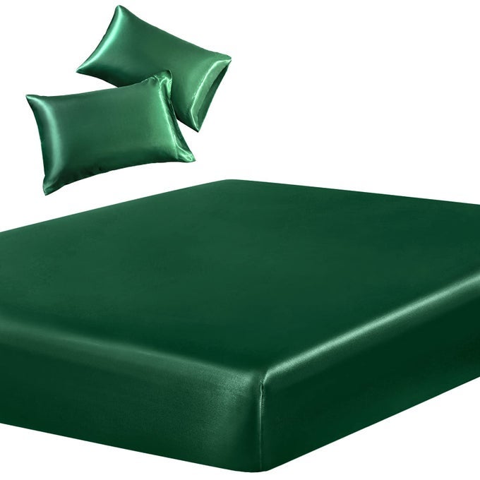 3PIECE SET SATIN TWIN FITTED SHEET 2 PILLOWCASE EMERALD GREEN SILKY SOFT FITTED BOTTOM SHEET WRINKLE FREE FADE RESISTANT DEEP POCKET BED SHEET DEEP UP TO 15