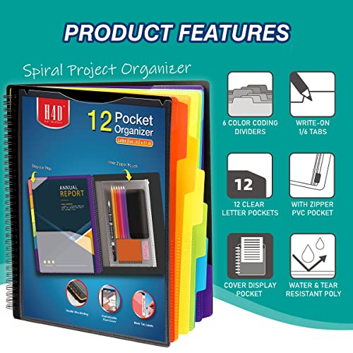 H4D 12 Pocket Poly Project Organizer, Spiral Multi Pocket Folder Organizer, Multi-Subject Folder Notebook, Letter Size - Image 2