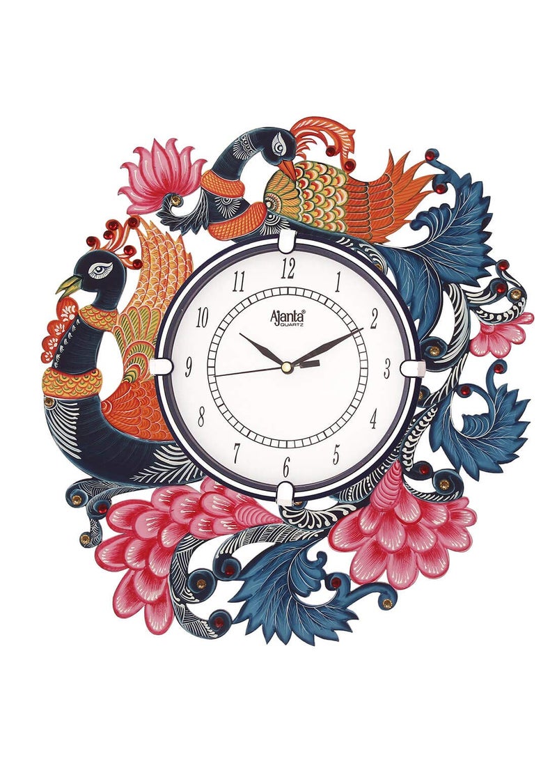 CIRCADIAN - CIRCADIAN Ajanta Wooden Analog Wall Clock Design for Home Hall Living Room Decor Office Kids Bedroom Stylish Ethnic Antique Decorative White Colour Peacock 36 * 33 cm (Pack of 1) - Image 1