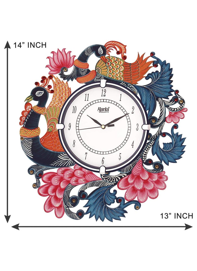 CIRCADIAN - CIRCADIAN Ajanta Wooden Analog Wall Clock Design for Home Hall Living Room Decor Office Kids Bedroom Stylish Ethnic Antique Decorative White Colour Peacock 36 * 33 cm (Pack of 1) - Image 1