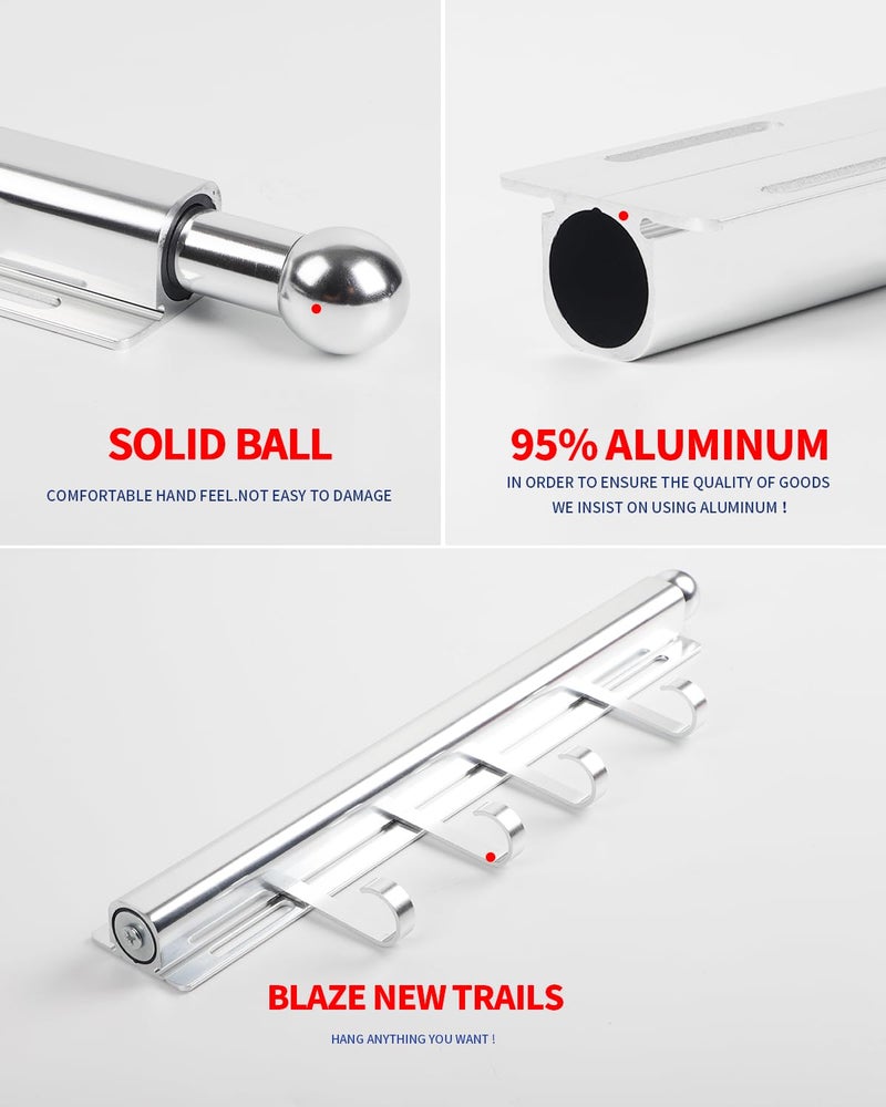 BaiNong 12 inch Valet Rod for Closets Pull Out Closet Valet Rod Slide Out With 4 Hooks Silver Pull Out Clothes Hanger - Image 5