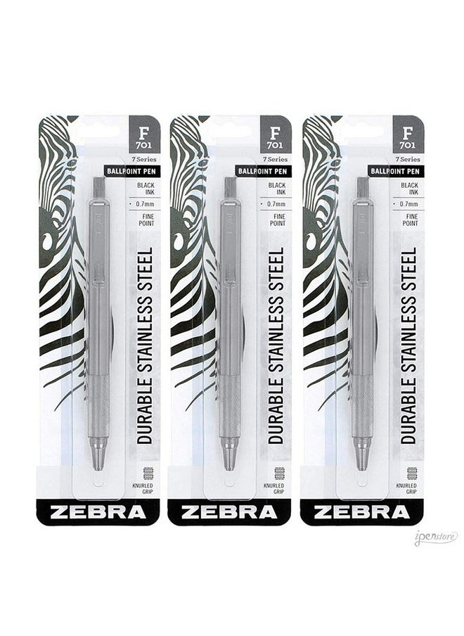 ZEBRA Zebra Pen 29411 Model F-701 Pack of 3 All Metal Retractable Ballpoint Pens; Heavy Duty Stainless Steel Barrel; Fine Point; 0.8mm; Black Ink  - Image 1