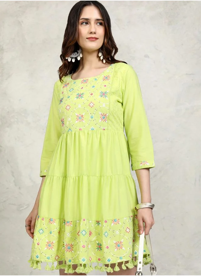 Vishudh Embroidered Panel Pompom Detail A-Line Mini Dress by Styli